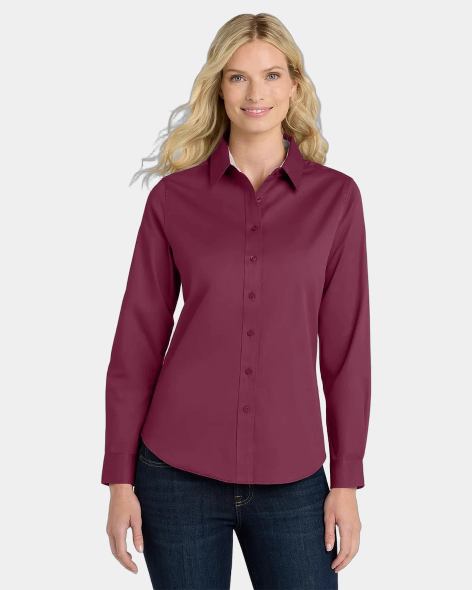 Custom Port Authority women's long sleeve Easy Care shirt - Burgundy/ Light Stone