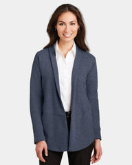 Custom cotton-blend cardigan Port Authority Interlock - Estate Blue Heather/ Charcoal Heather