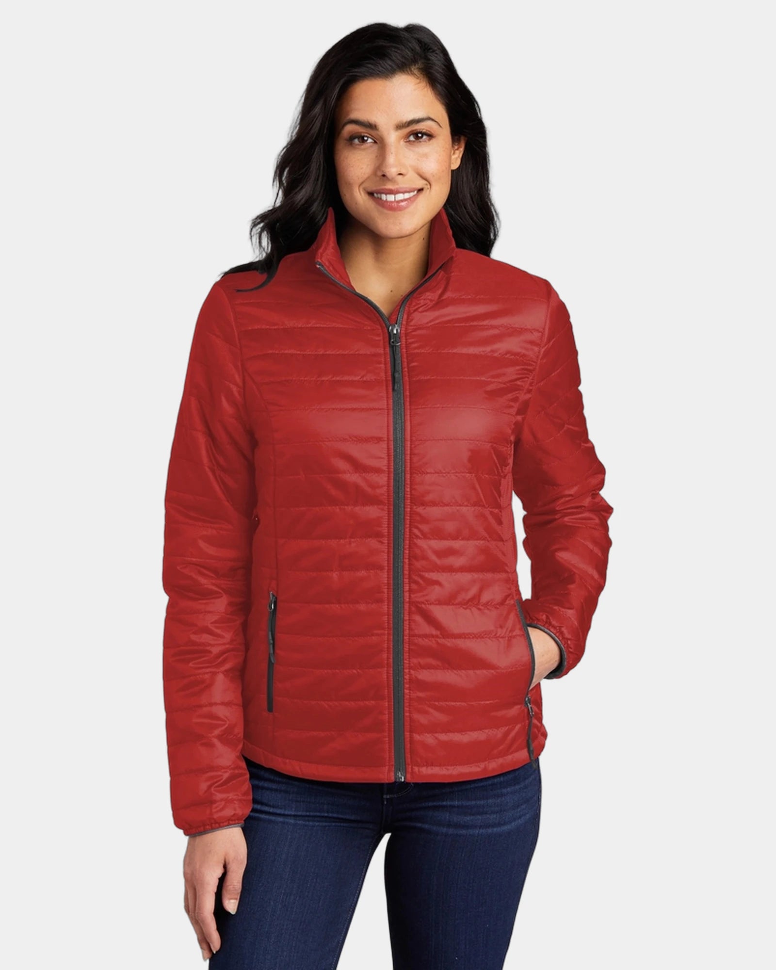 Custom Port Authority Packable Puffy Jacket for Women - Fire Red/ Graphite