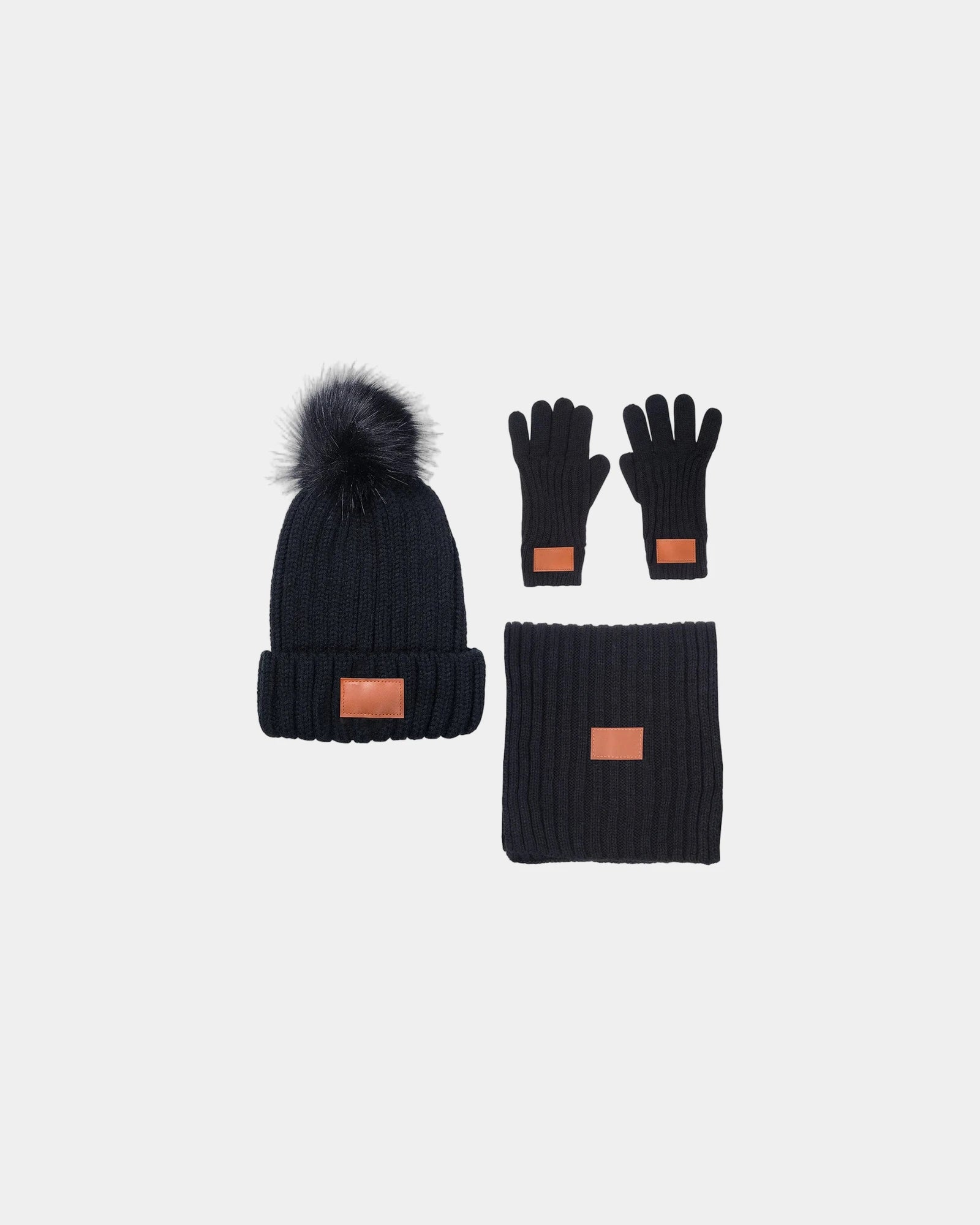 Custom rib knit beanie, scarf and gloves winter set - Black