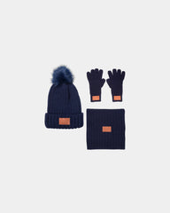 Custom rib knit beanie, scarf and gloves winter set - Navy Blue