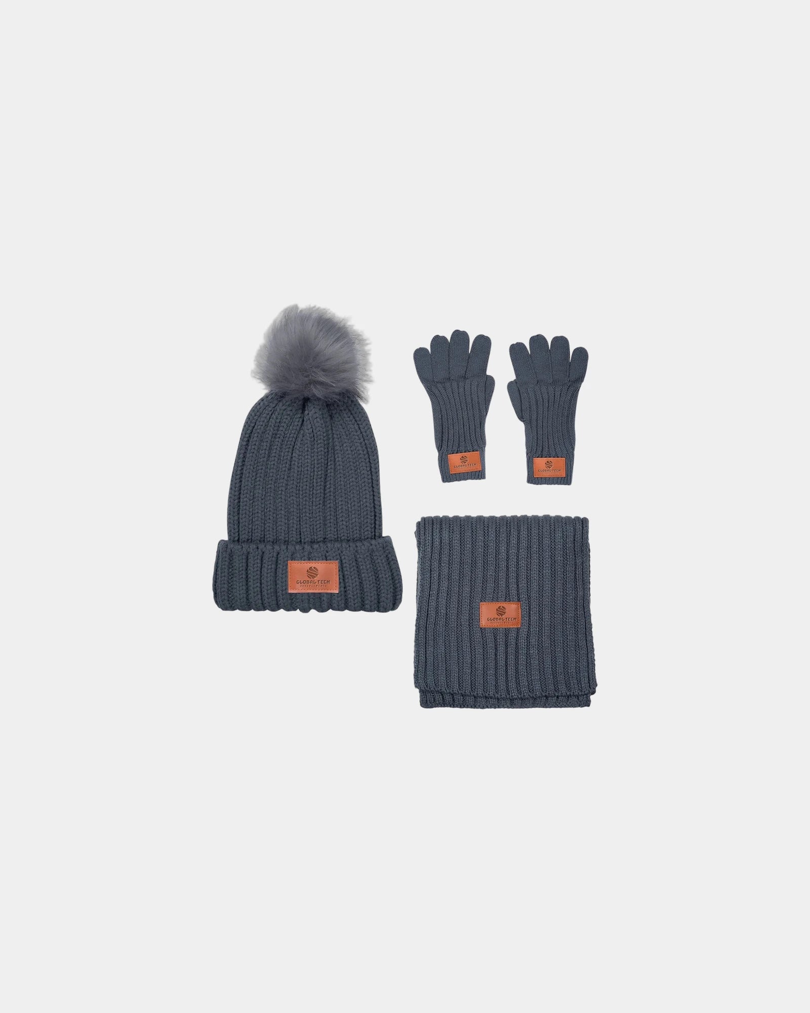 Custom rib knit beanie, scarf and gloves winter set - Gray