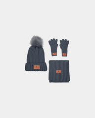 Custom rib knit beanie, scarf and gloves winter set - Gray