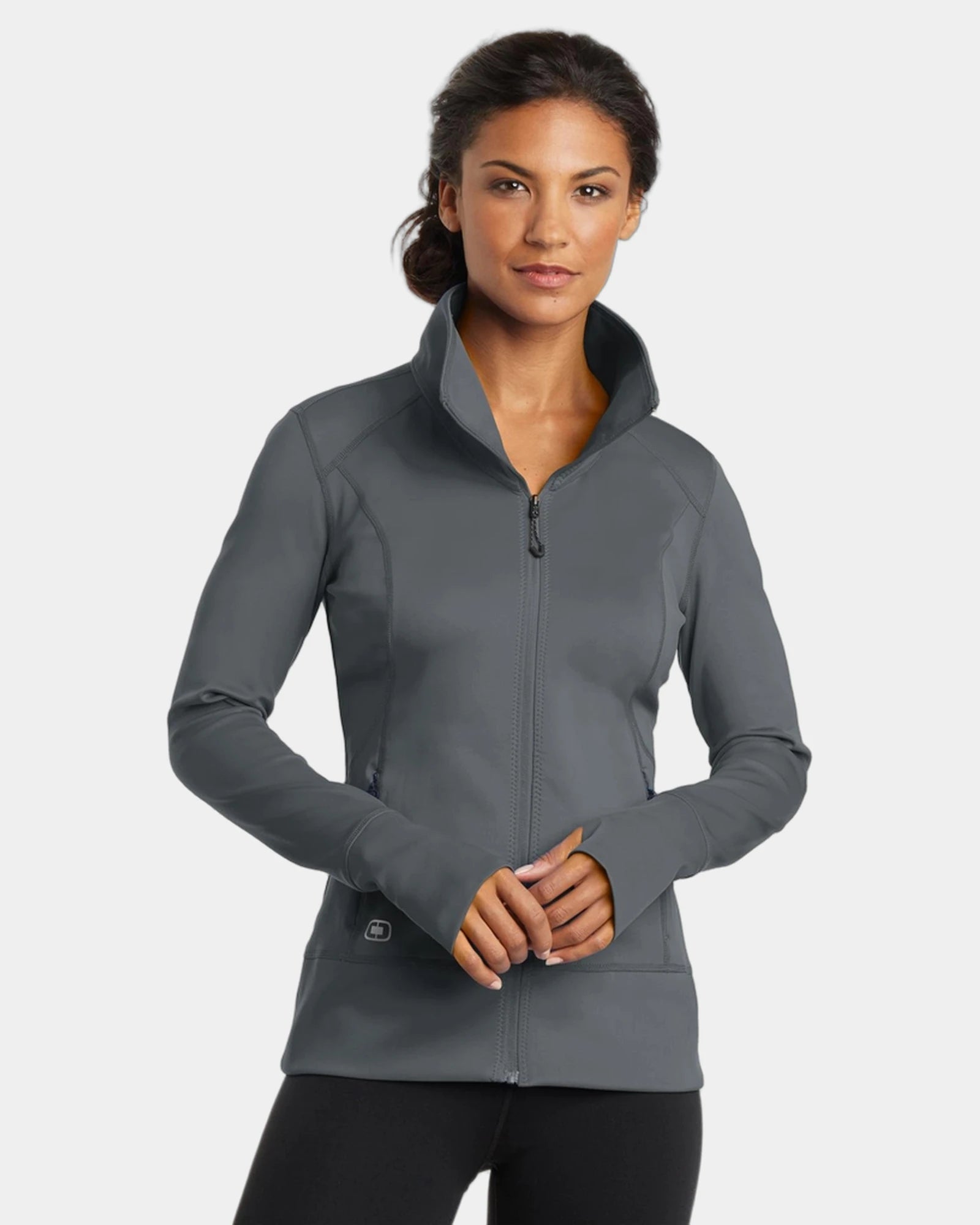 Custom women's stretch full-zip jacket with thumbholes - Gear Grey