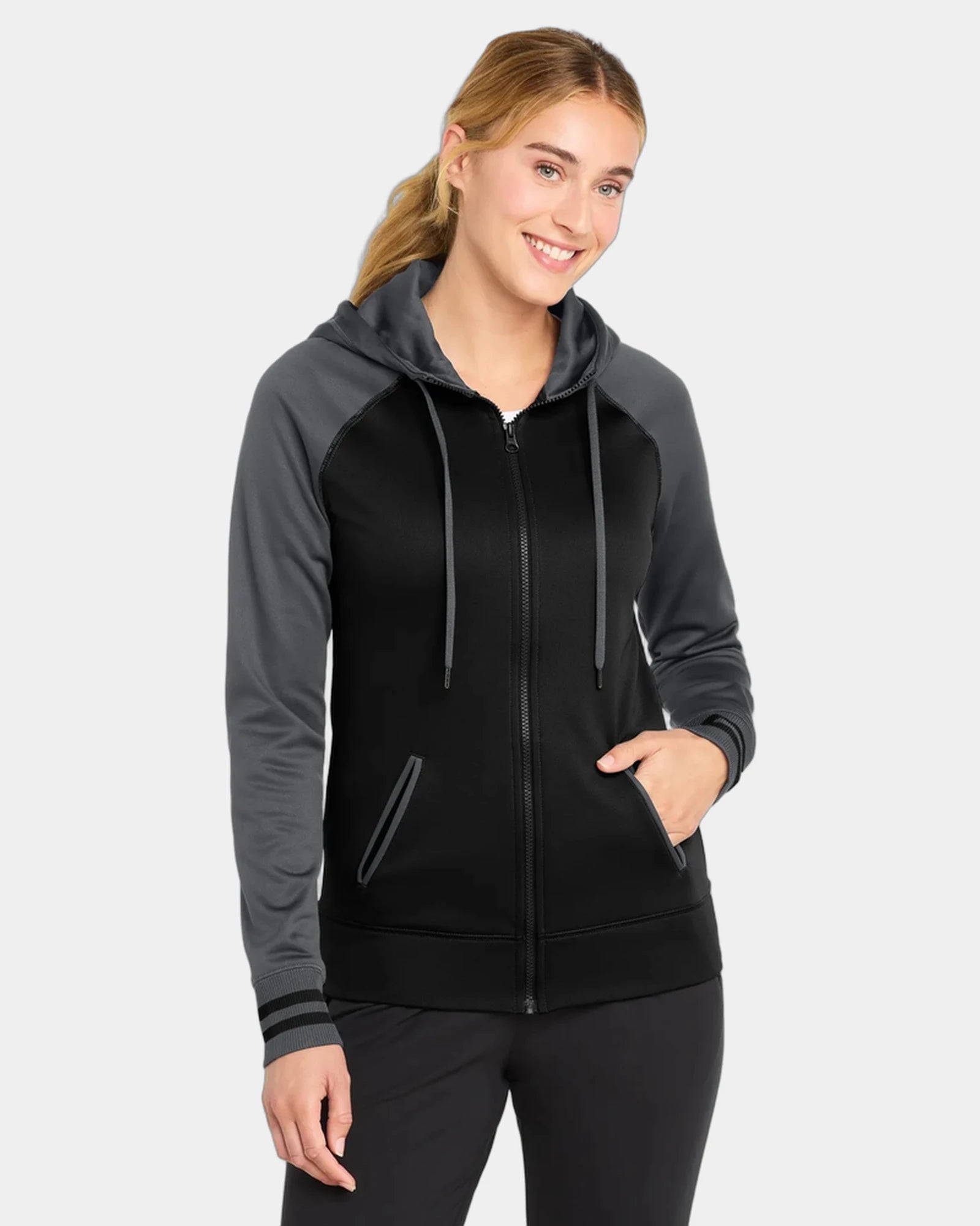 Custom polyester fleece Sport-Tek women's full-zip hoodie - Black/ Dark Smoke Grey