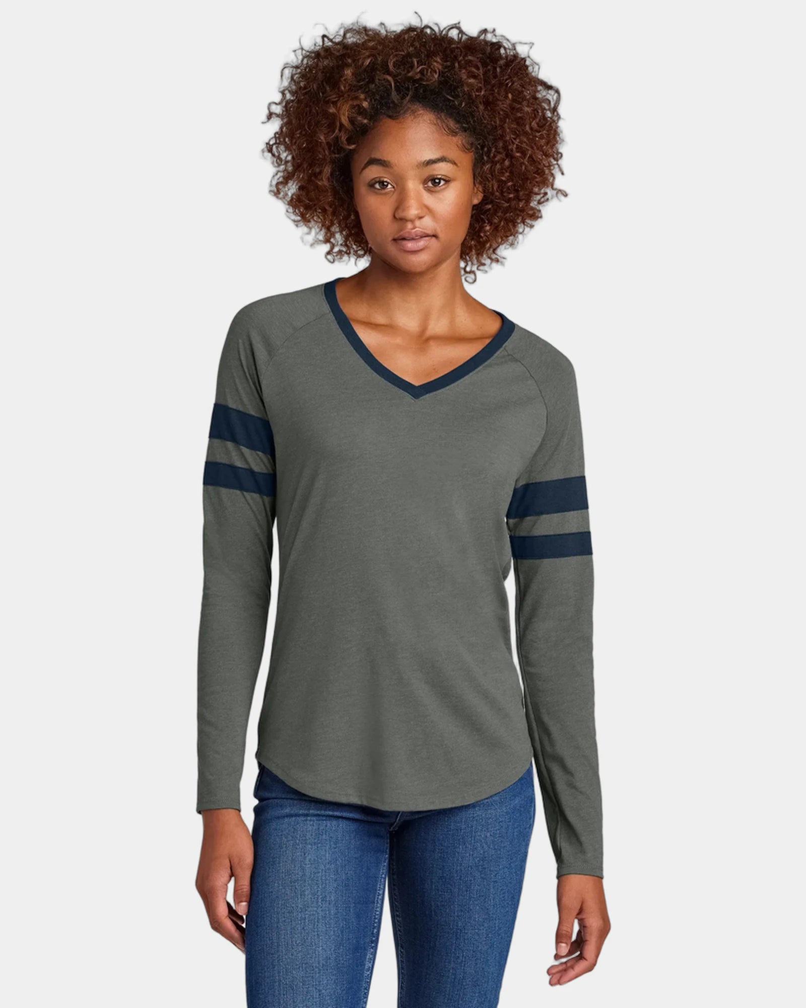 Custom Sport-Tek Women's Halftime Stripe V-Neck Tee - True Navy/ Vintage Heather