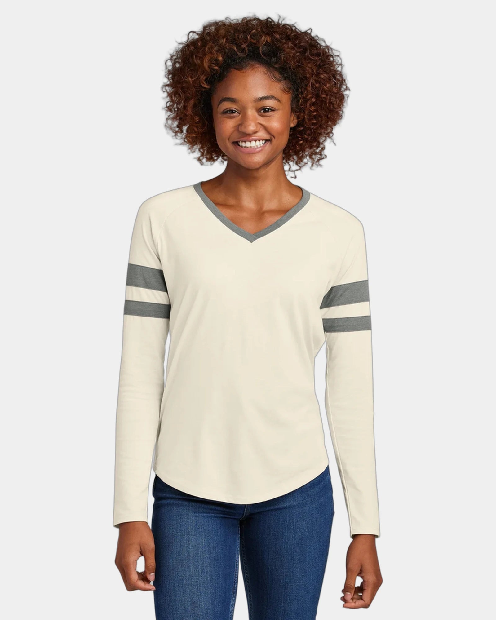 Custom Sport-Tek Women's Halftime Stripe V-Neck Tee - Vintage Heather/ Ecru