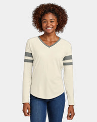 Custom Sport-Tek Women's Halftime Stripe V-Neck Tee - Vintage Heather/ Ecru