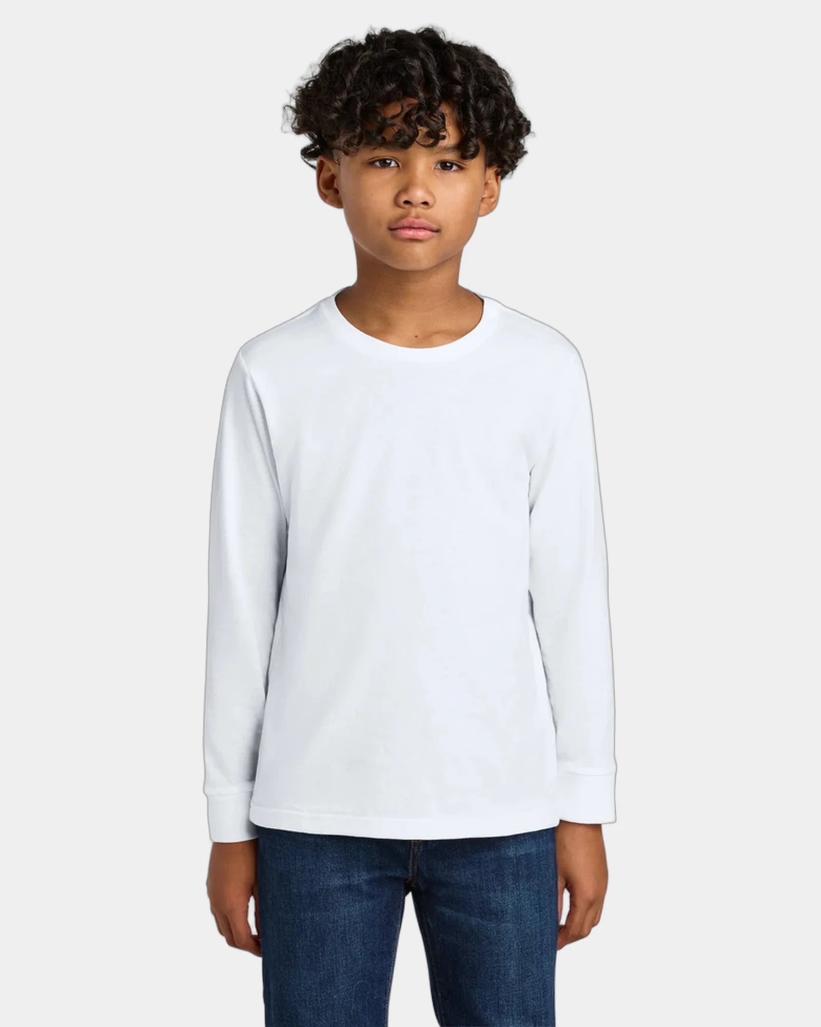 Custom cotton youth long sleeve tee crewneck collar - White