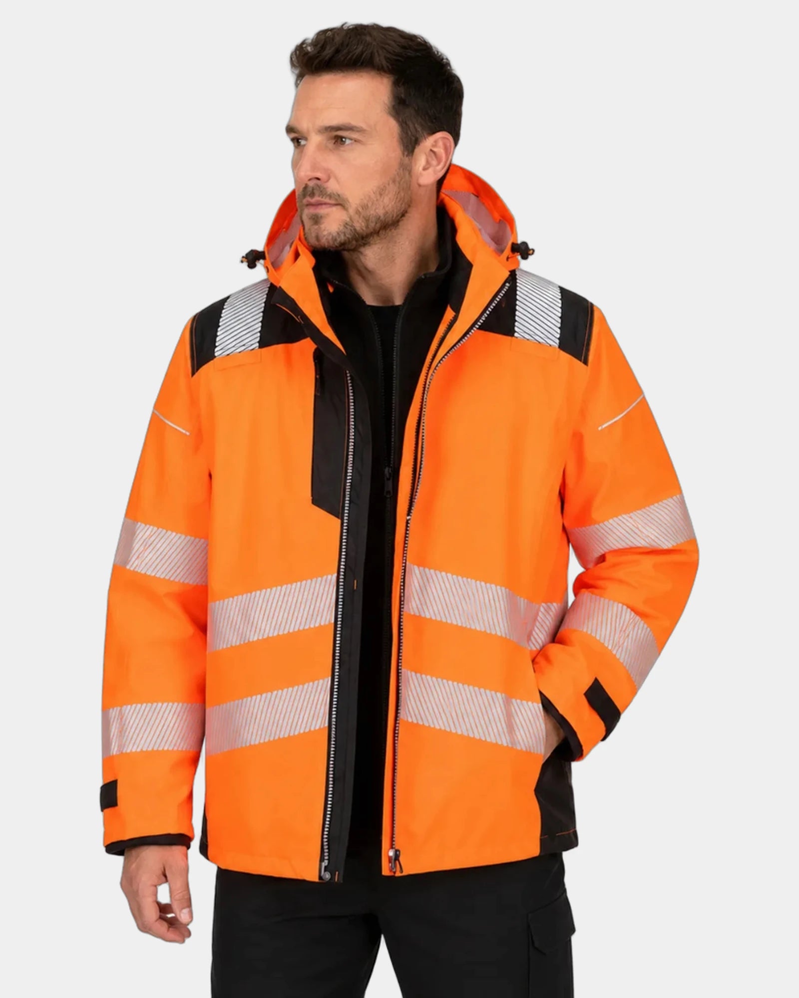 Custom hi-vis 3-in-1 jacket Portwest PW3 detachable hood - Orange/Black