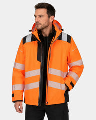 Custom hi-vis 3-in-1 jacket Portwest PW3 detachable hood - Orange/Black