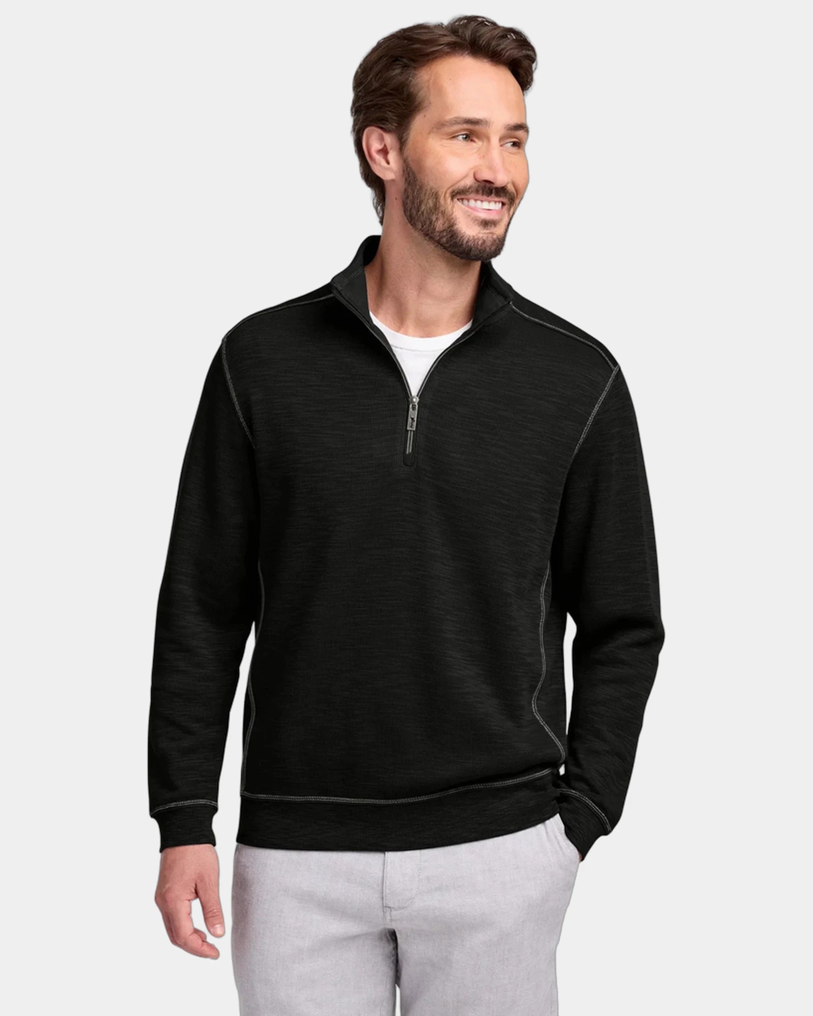 Custom 1/2-zip pullover sweater with slub texture knit - Black