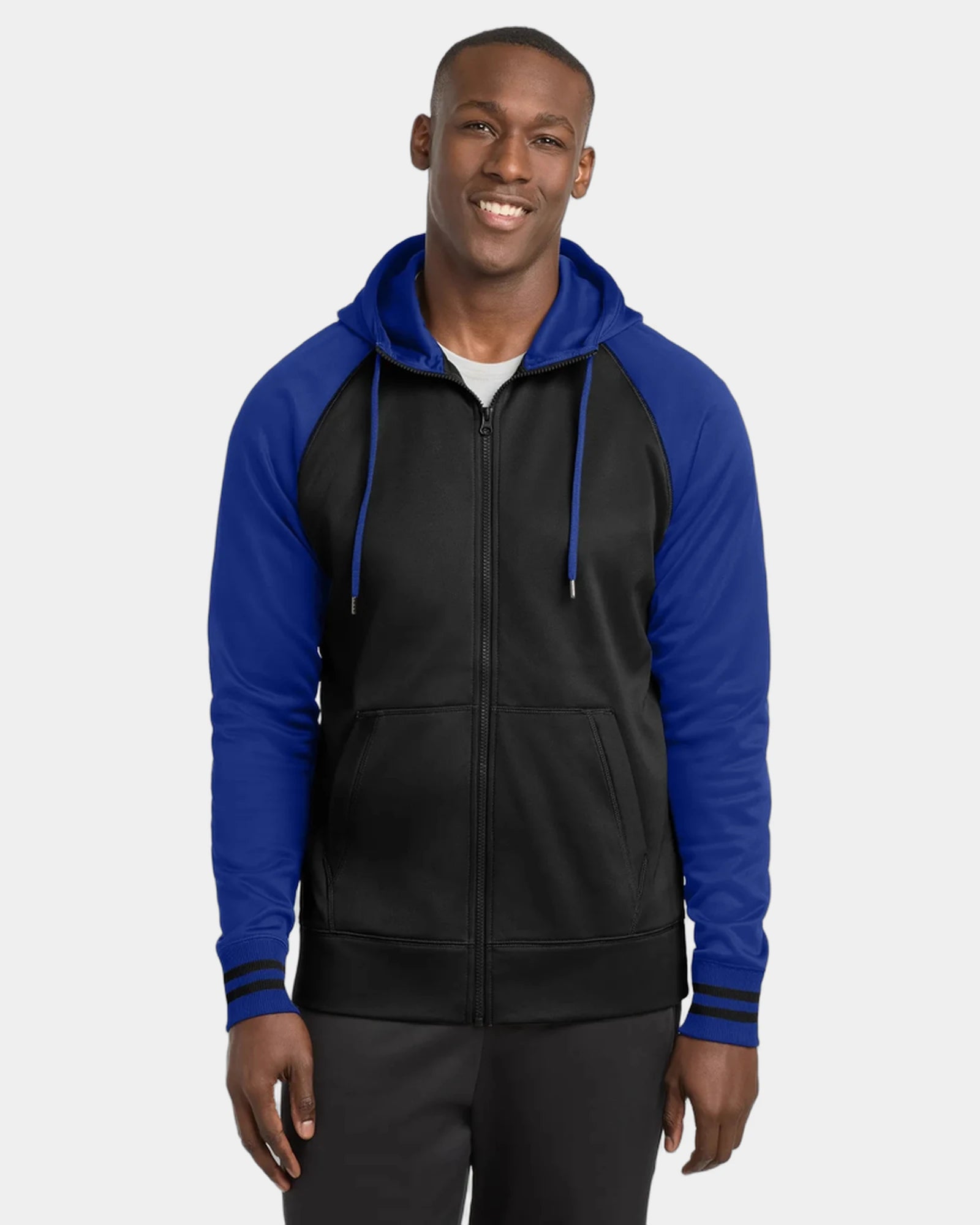 Custom fleece Sport-Tek full-zip hooded jacket - Black/ True Royal