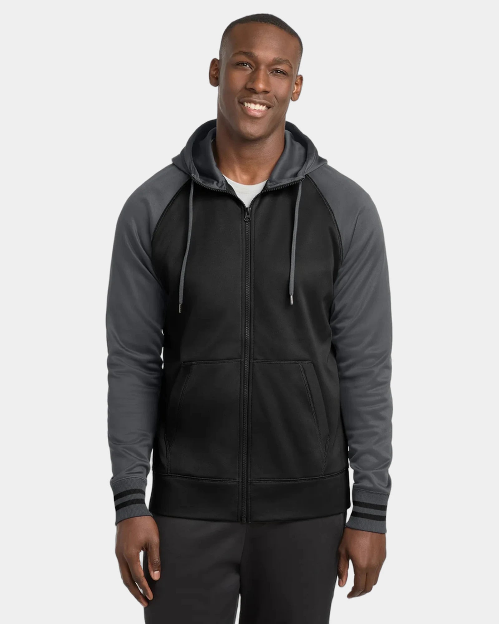 Custom fleece Sport-Tek full-zip hooded jacket - Black/ Dark Smoke Grey
