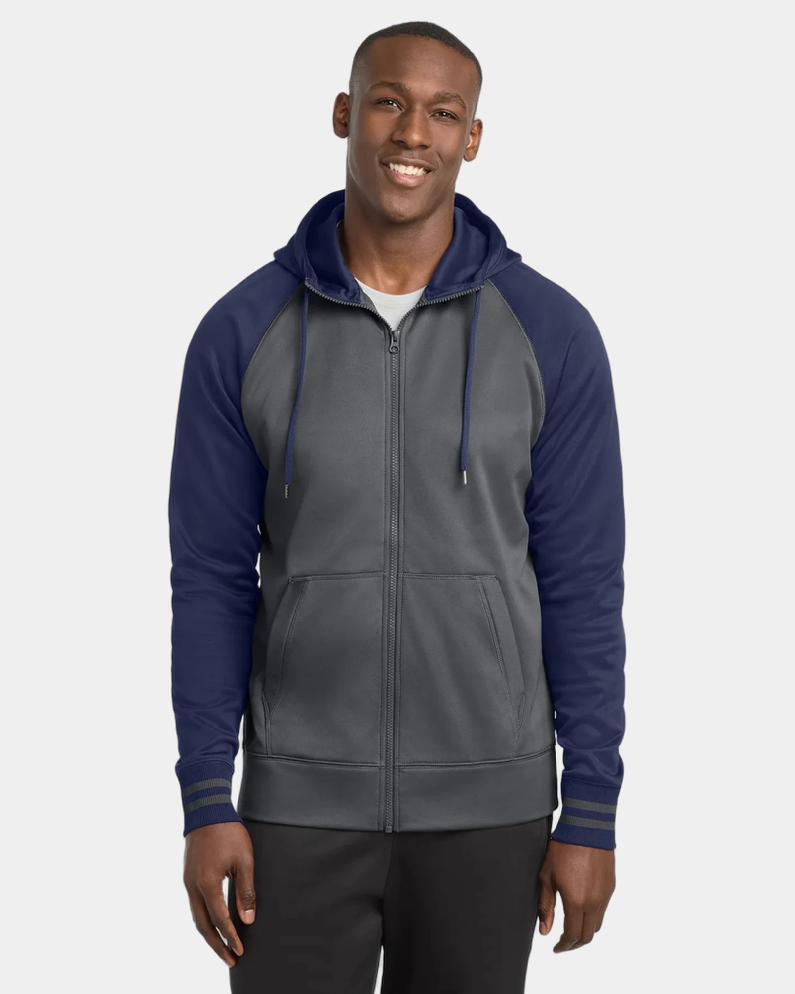 Custom fleece Sport-Tek full-zip hooded jacket - Dark Smoke Grey/ Navy