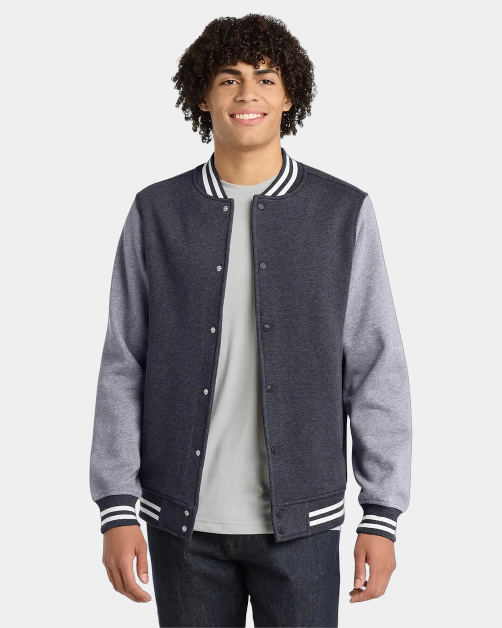 Custom fleece letterman jacket Sport-Tek varsity style - Graphite Heather/ Vintage Heather