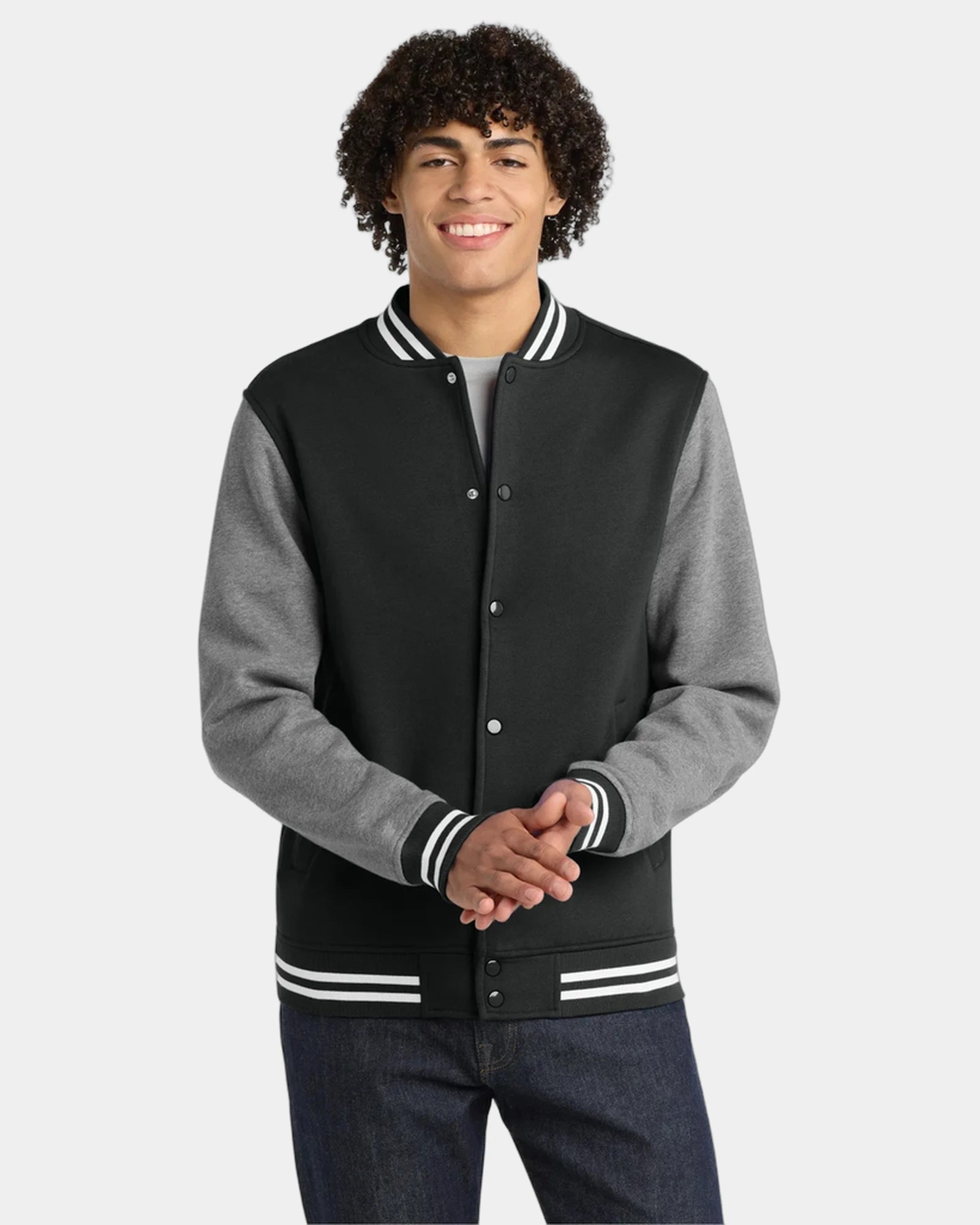 Custom fleece letterman jacket Sport-Tek varsity style - Black/ Vintage Heather
