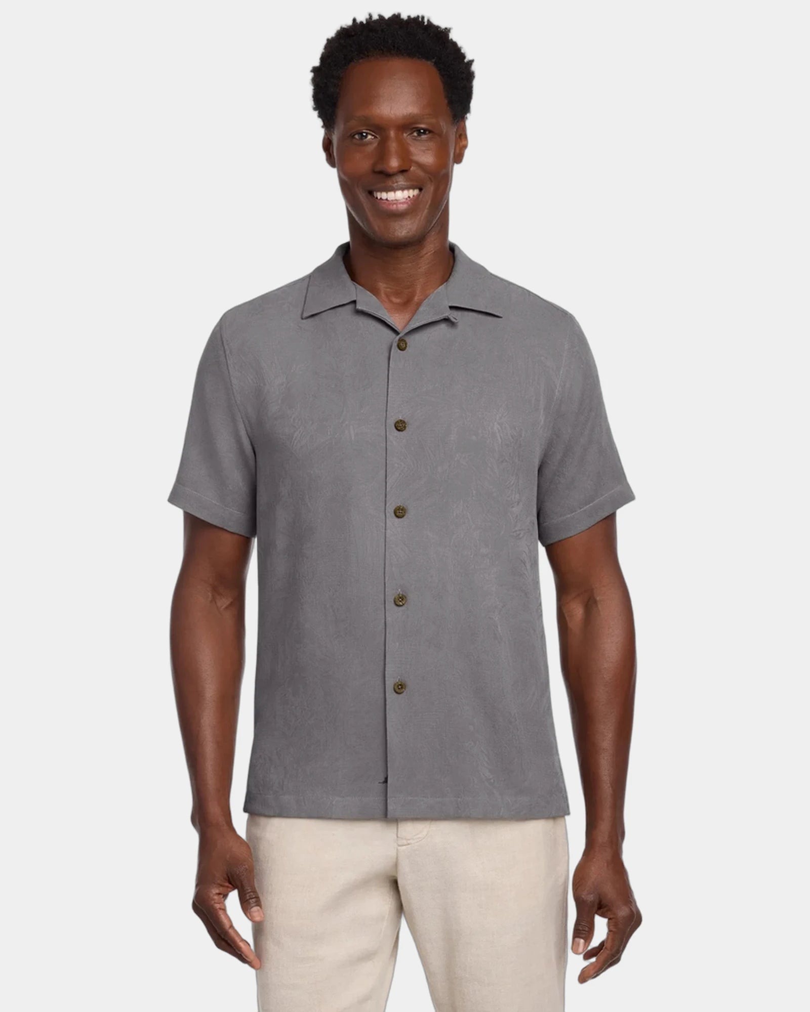 Custom silk camp shirt with tropical print, short sleeve - Shadow