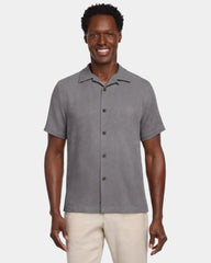 Custom silk camp shirt with tropical print, short sleeve - Shadow