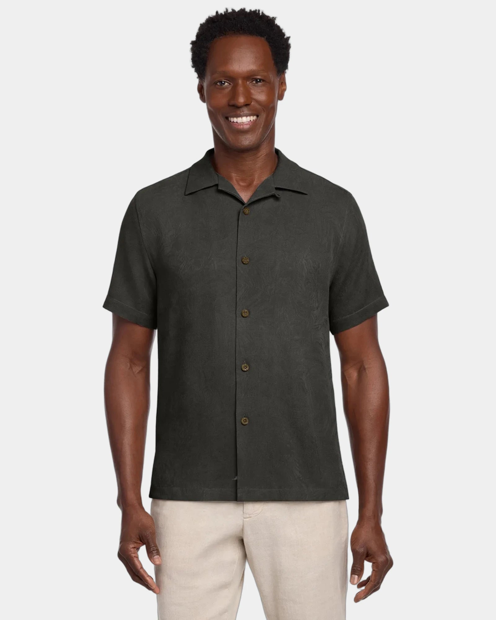 Custom silk camp shirt with tropical print, short sleeve - Black