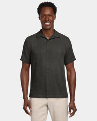 Custom silk camp shirt with tropical print, short sleeve - Black