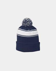 Custom striped pom beanie Sport-Tek acrylic - True Navy/ White