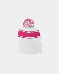 Custom striped pom beanie Sport-Tek acrylic - White/ Pink Raspberry