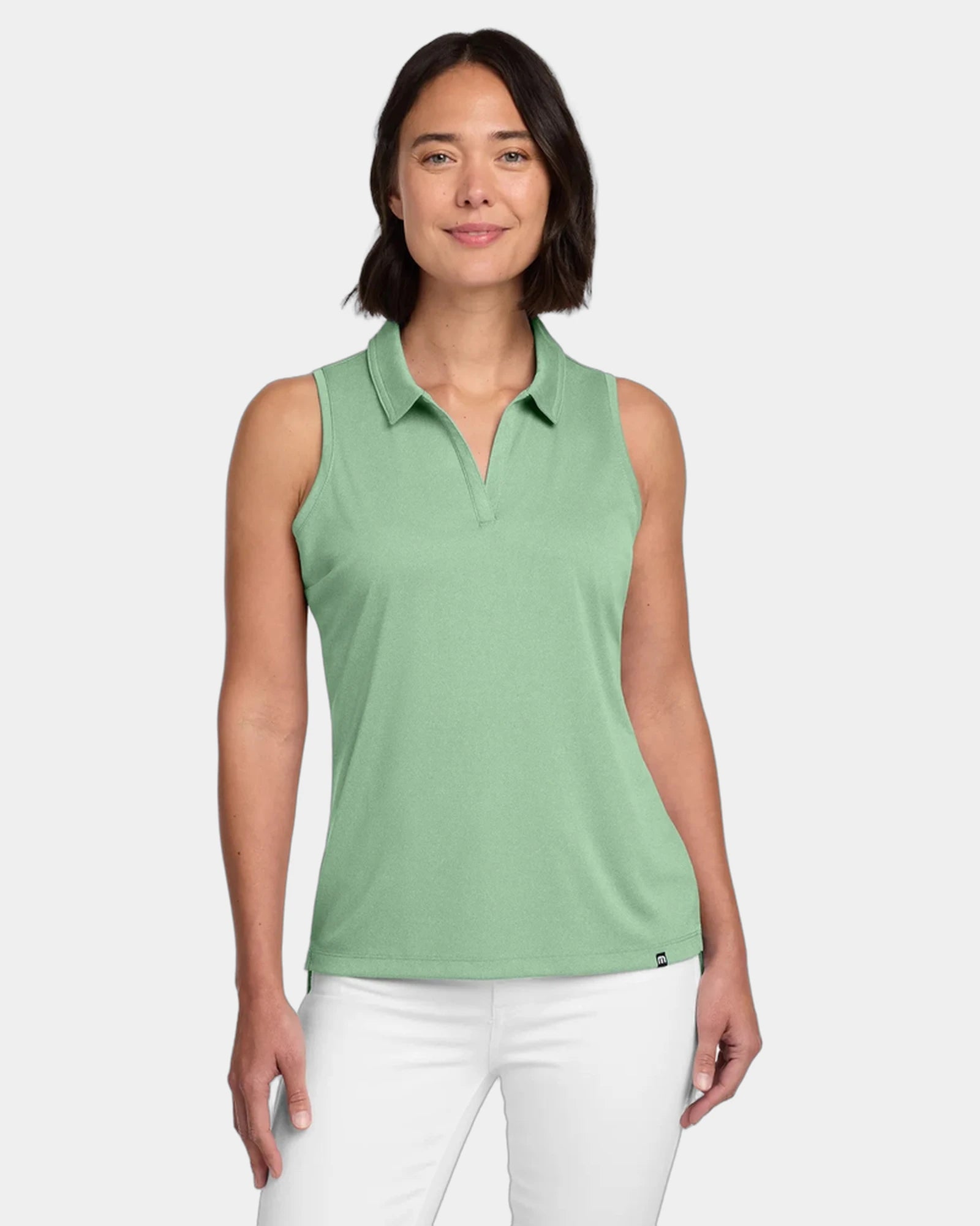 Custom women's performance sleeveless polo shirt - Beryl Green Heather