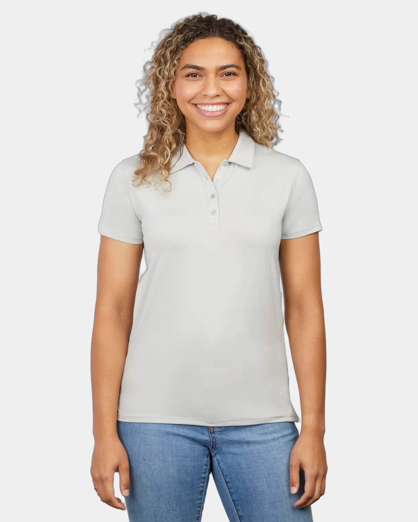 Custom women's stretch tech polo with UPF 30 protection - Ash Gray (954)