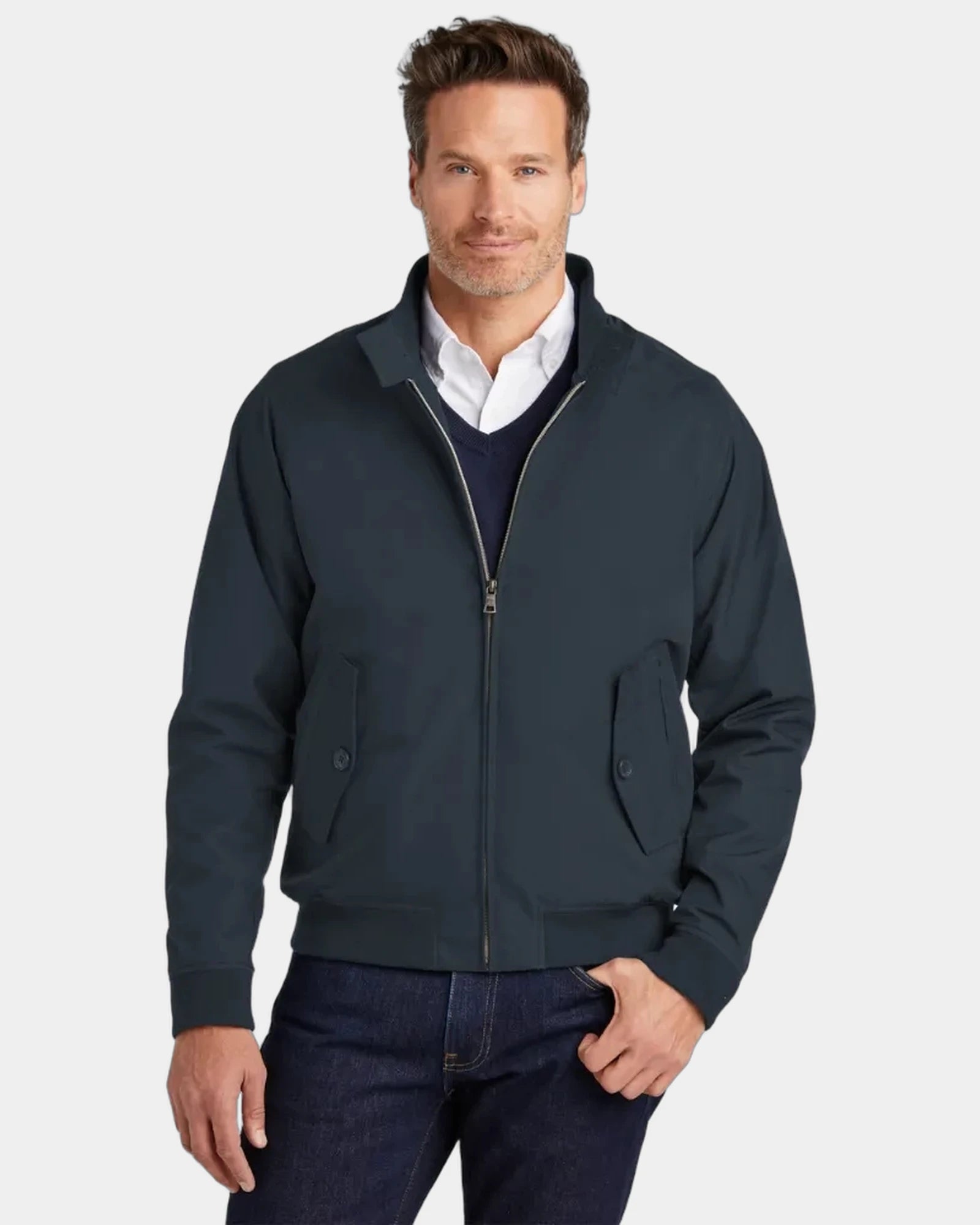 Custom waterproof bomber jacket with tartan lining - Navy Blue
