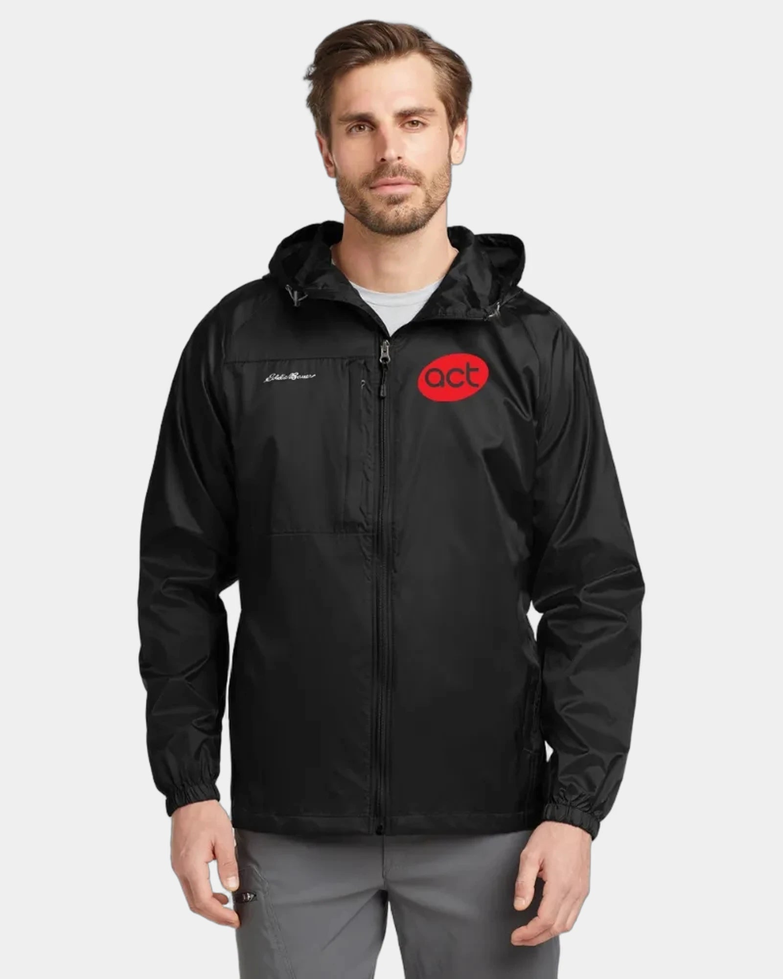 Branded packable nylon wind jacket with hood - Black