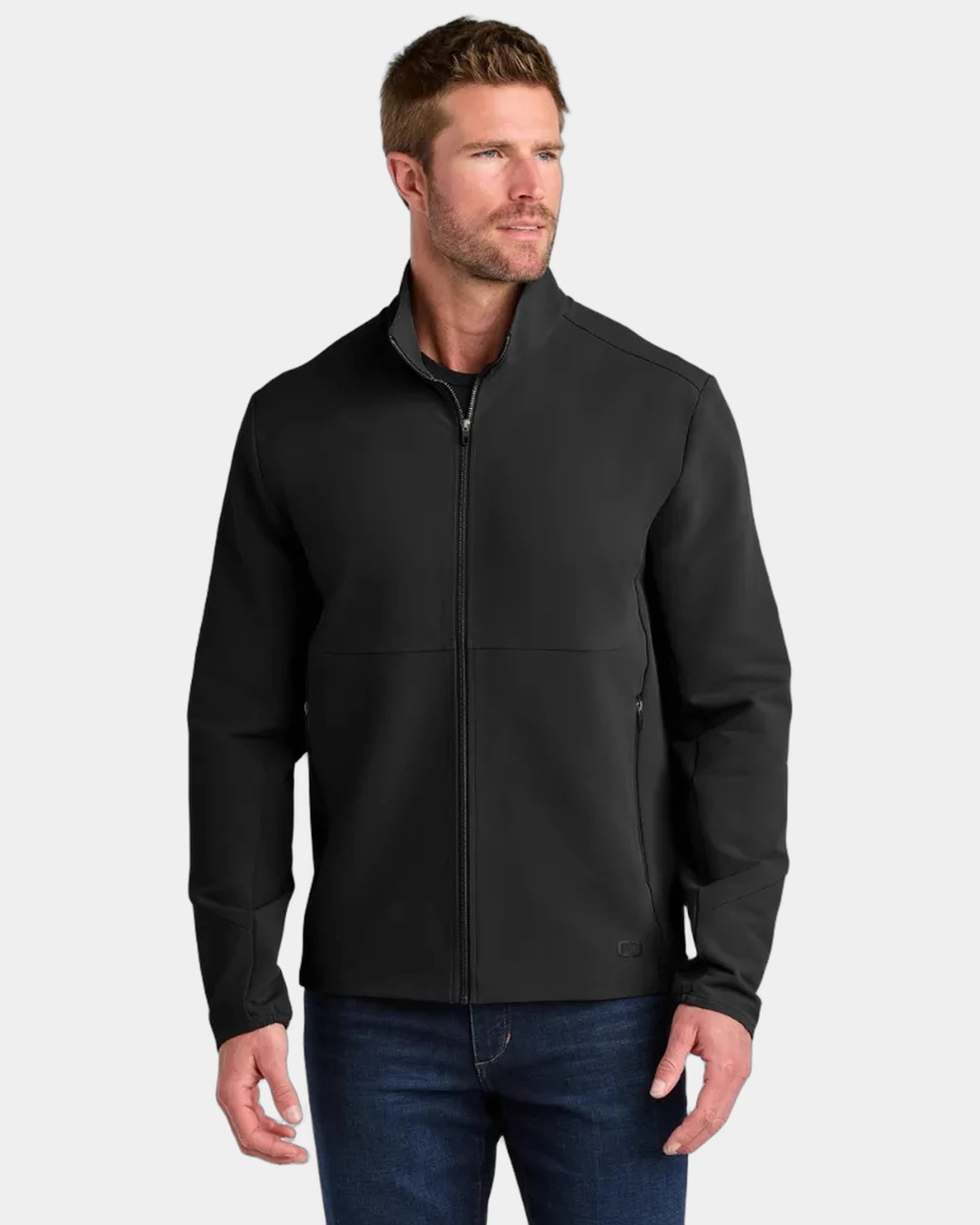 Custom water-resistant soft shell jacket with cadet collar - Blacktop