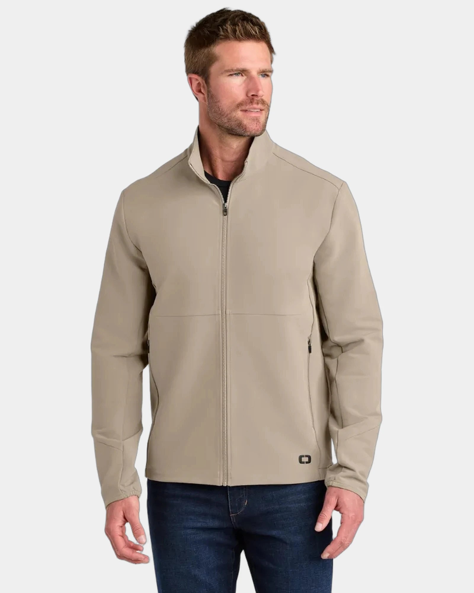 Custom water-resistant soft shell jacket with cadet collar - Sahara